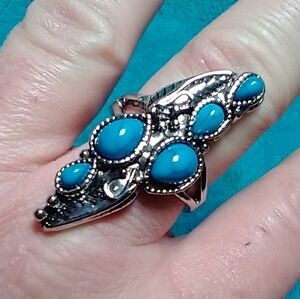 Silvertone blue stone faux turquoise leaf long large ring intricate decorative